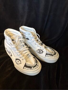 Vans White High-Top Sneakers with Black Custom Hand-Drawn Graphics